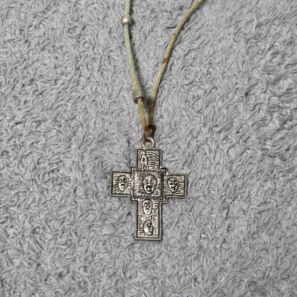 Cross Pendant Necklace Green Silver Faces Gothic Folk Art Vintage Costume